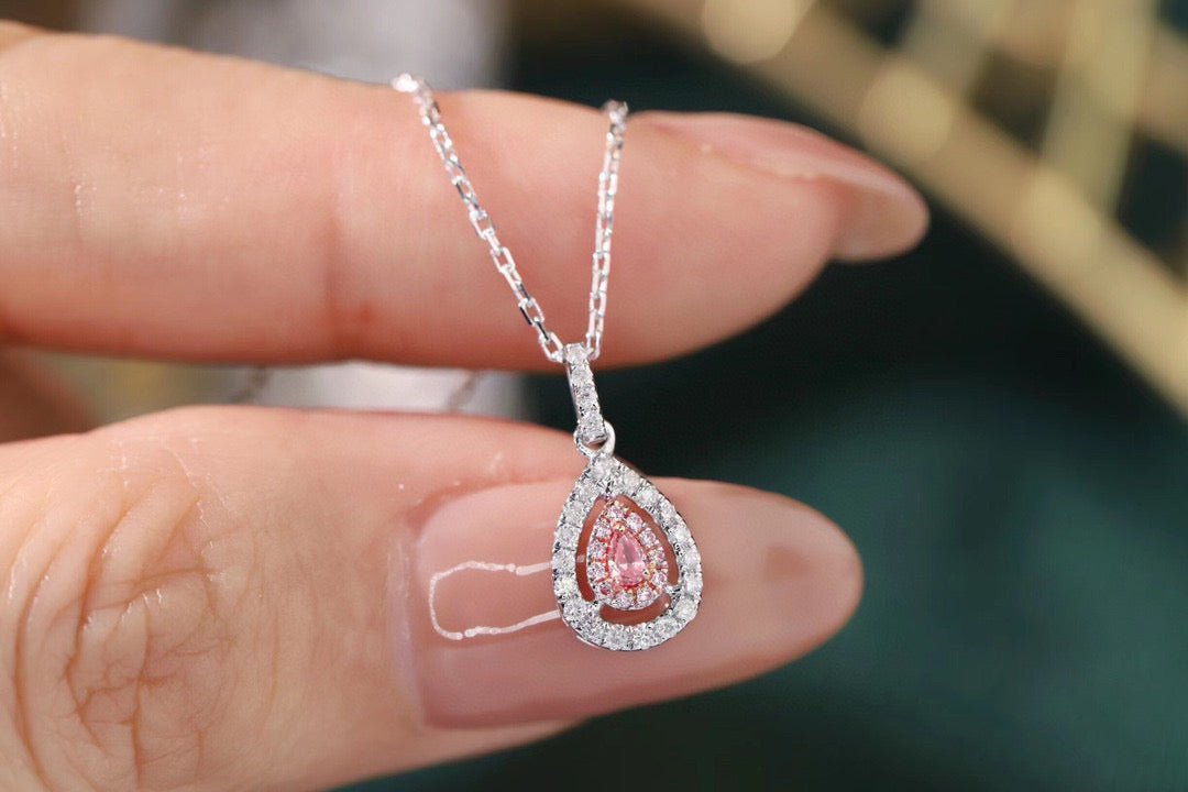 Dainty 18K Solid Gold Pink Diamond pendant necklace , gift for her