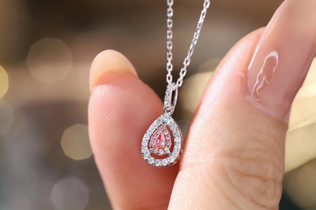 Dainty 18K Solid Gold Pink Diamond pendant necklace , gift for her