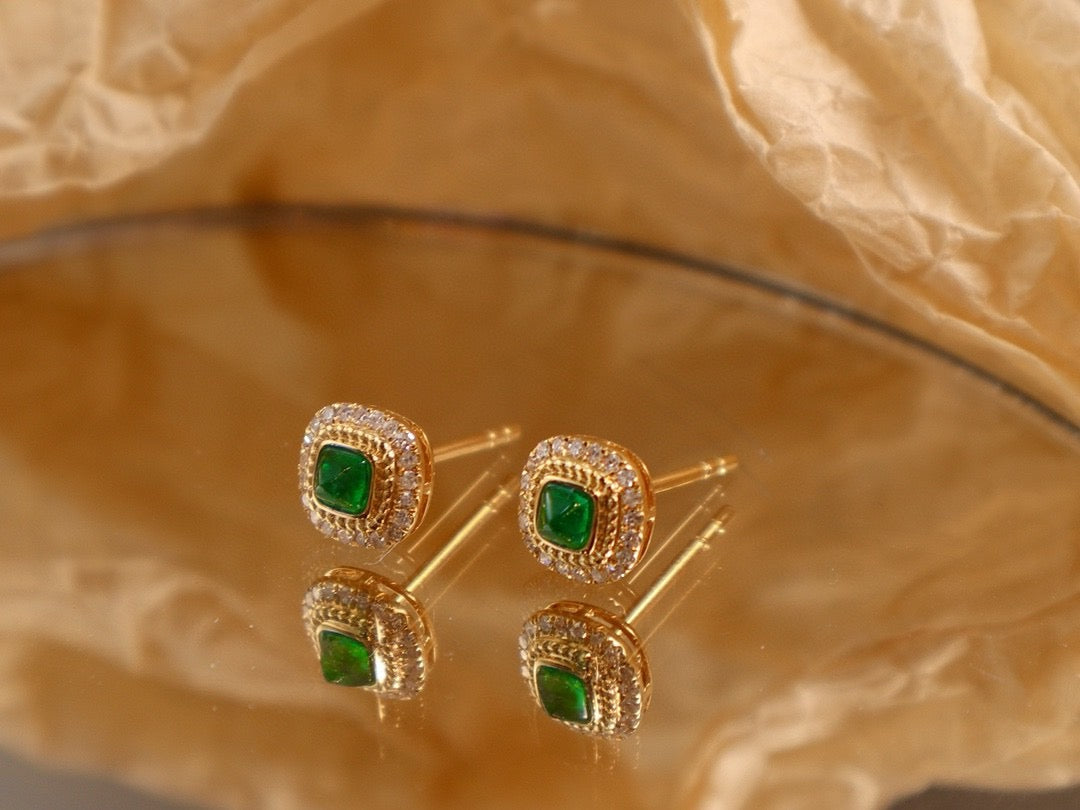 18K solid gold Stud Emerald Earrings, Classic Emerald Diamond Stud Earrings