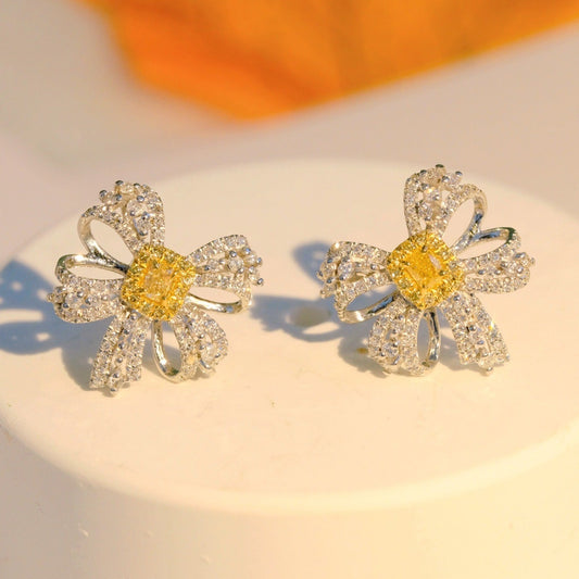 Vintage 18K Solid Gold Genuine Yellow Diamond Stud Earrings, Wedding Earrings , Gift for her