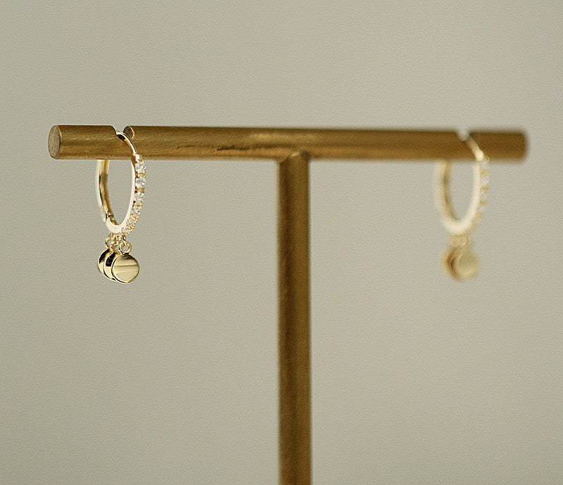 9K Solid Gold CZ Diamond Hoop Earrings, 9K Solid Gold dangle disc Hoop earrings