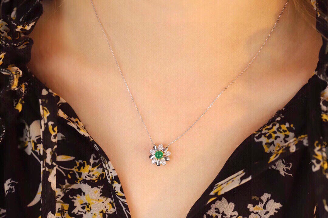 Sweet 18K Solid Gold Emerald Diamond Sunflower Charm Necklace, Emerald necklace , gift for her