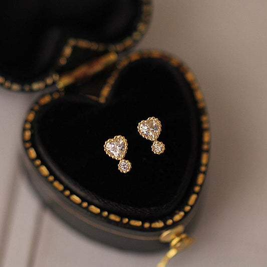 Dainty 9K Solid Gold CZ Diamond Heart Stud Earrings/ 9K Solid Gold Stud Earrings/ CZ Diamond Heart Studs