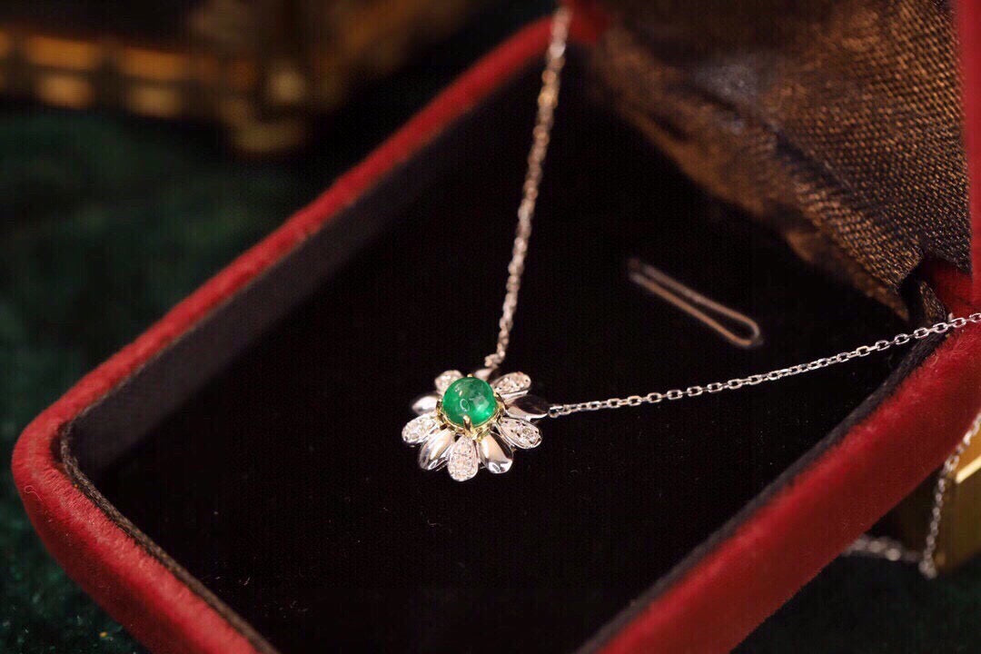 Sweet 18K Solid Gold Emerald Diamond Sunflower Charm Necklace, Emerald necklace , gift for her