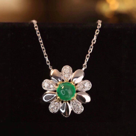 Sweet 18K Solid Gold Emerald Diamond Sunflower Charm Necklace, Emerald necklace , gift for her