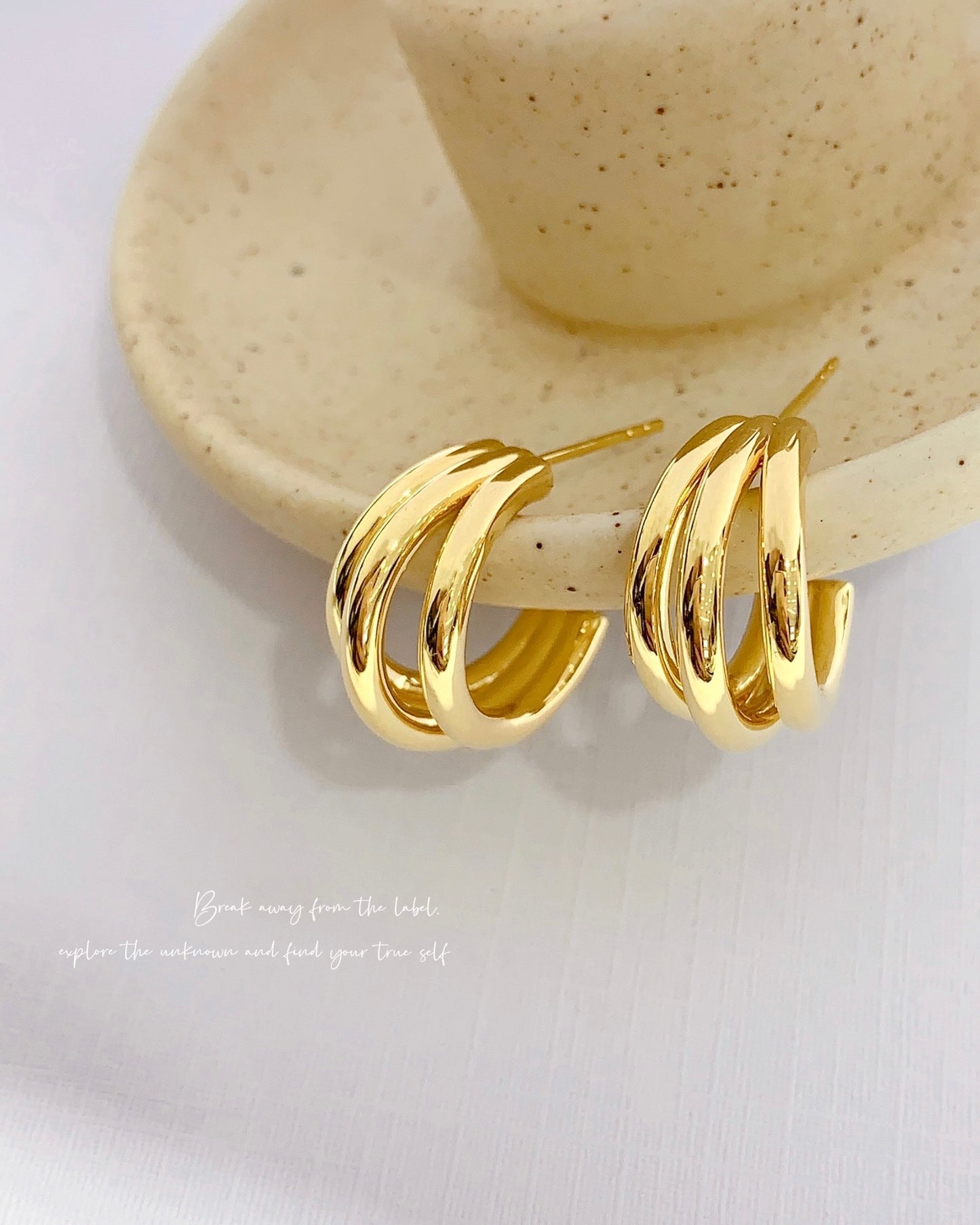 Triple Hoop Earrings/18K Solid Gold Triple Hollow Hoop Stud Earrings/gift for her/Real K gold earrings/birthday gift/Wedding Earrings