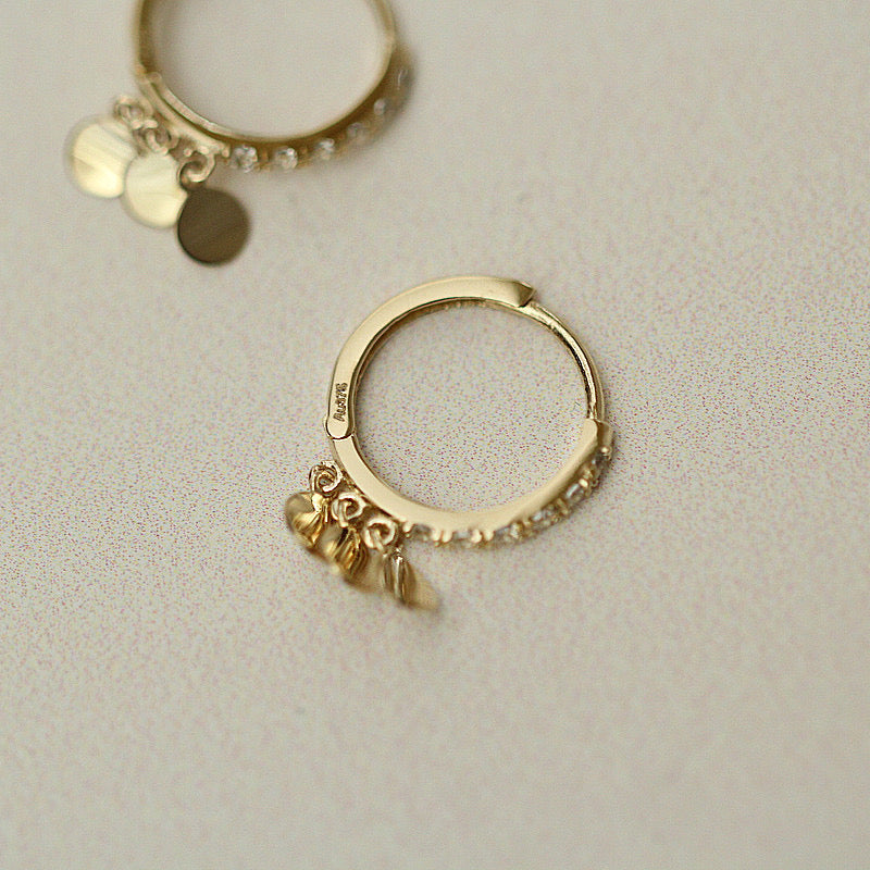 9K Solid Gold CZ Diamond Hoop Earrings, 9K Solid Gold dangle disc Hoop earrings