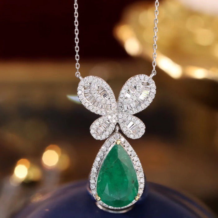 Art Deco 18K Solid Gold Emerald Diamond Butterfly Pendant Necklace, Emerald Necklace, gift for her