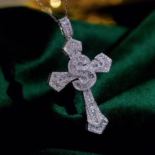 Art Deco 18K Solid Gold Full Diamond Cross Pendant Necklace