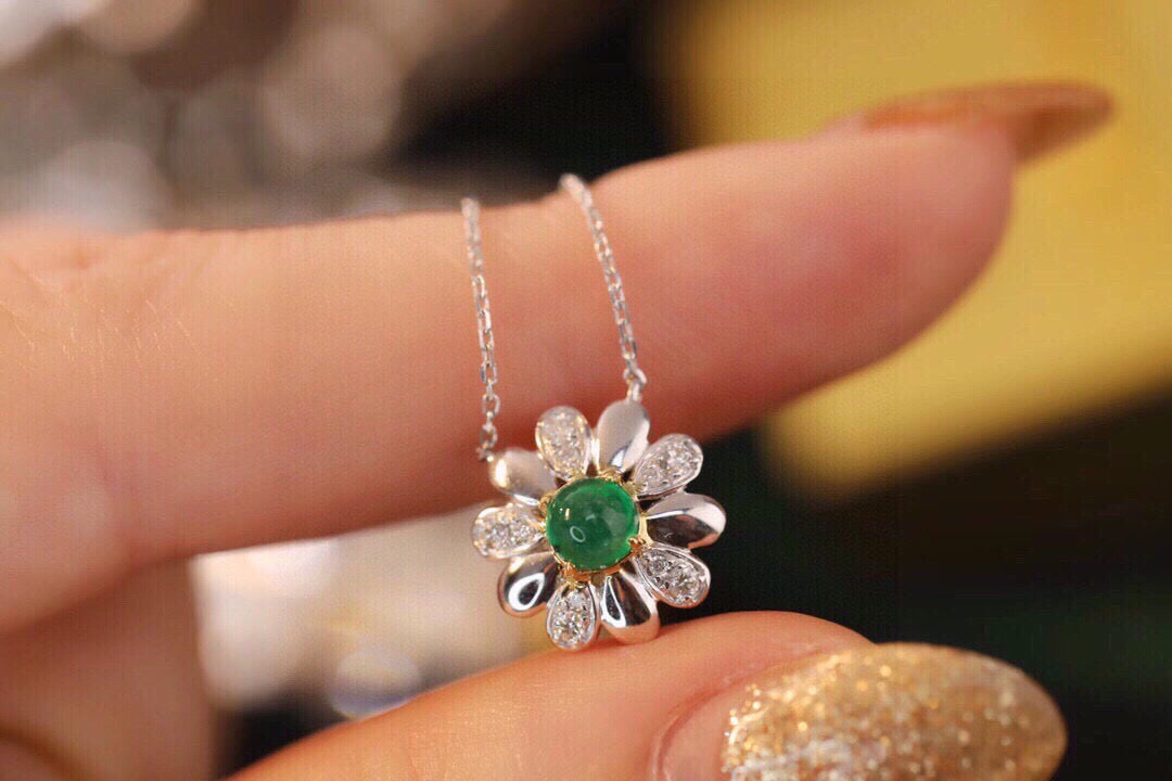 Sweet 18K Solid Gold Emerald Diamond Sunflower Charm Necklace, Emerald necklace , gift for her