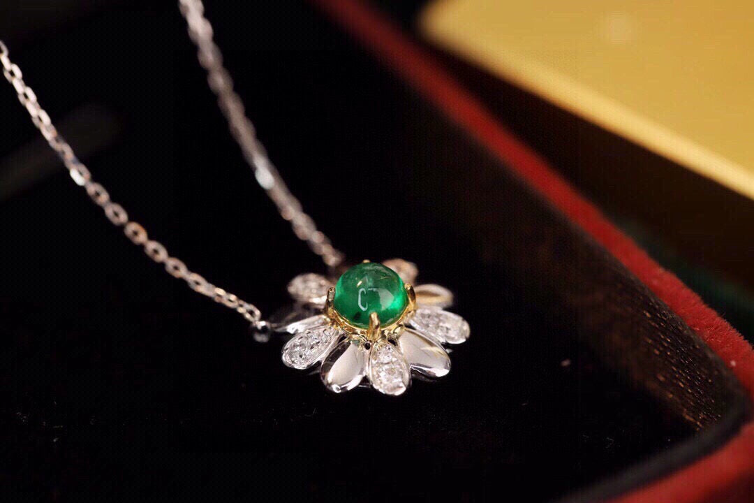 Sweet 18K Solid Gold Emerald Diamond Sunflower Charm Necklace, Emerald necklace , gift for her