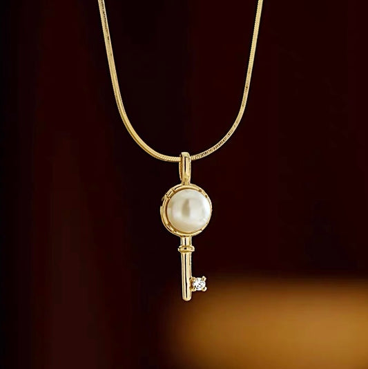 14K Solid gold freshwater pearl Key pendant, Solid gold pendant necklace