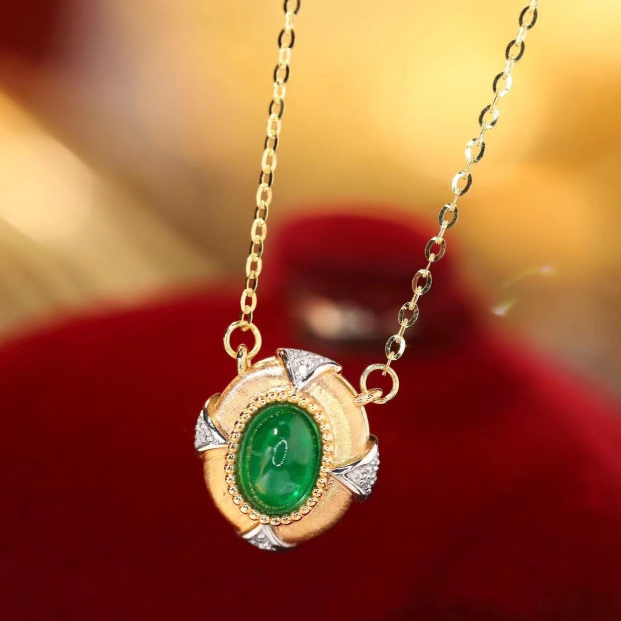 Art Deco 18K Solid Gold Emerald Diamond Charm Necklace, gift for her