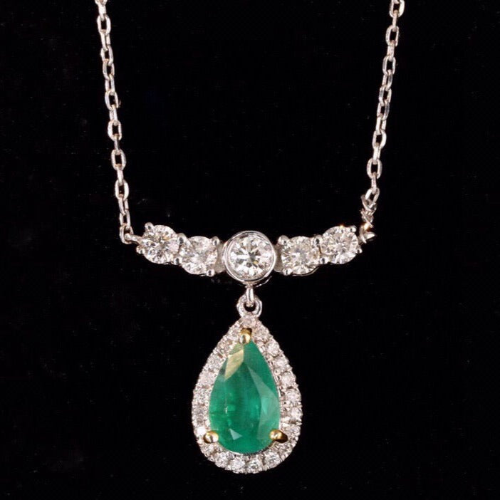 Art Deco 18K Solid Gold Emerald Diamond Pendant Necklace, Emerald Necklace, Gift for her