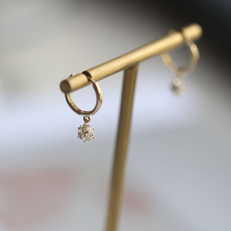 Dainty 9K Solid Gold CZ Diamond Dangle Ball Hoop Earrings / 9K Solid Gold Hoop Earrings