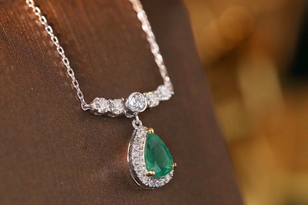 Art Deco 18K Solid Gold Emerald Diamond Pendant Necklace, Emerald Necklace, Gift for her