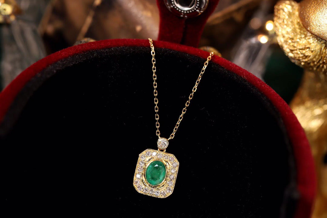 Vintage 18K Solid Gold Emerald Diamond Pendant Necklace, Emerald Pendant, gift for her