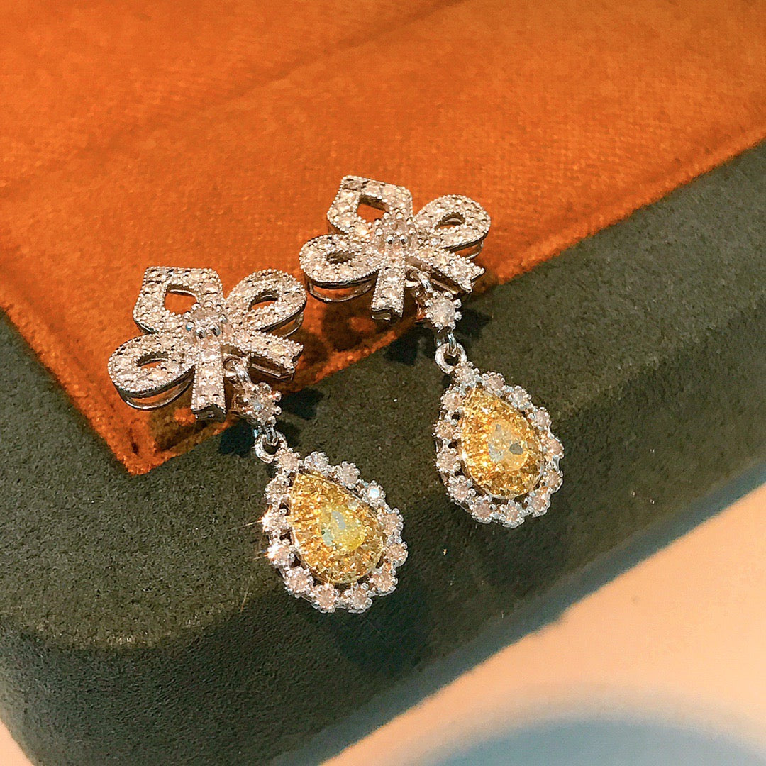 Art Deco 18K Solid Gold Genuine Yellow Diamond Earrings, Wedding Earrings, Gift for her