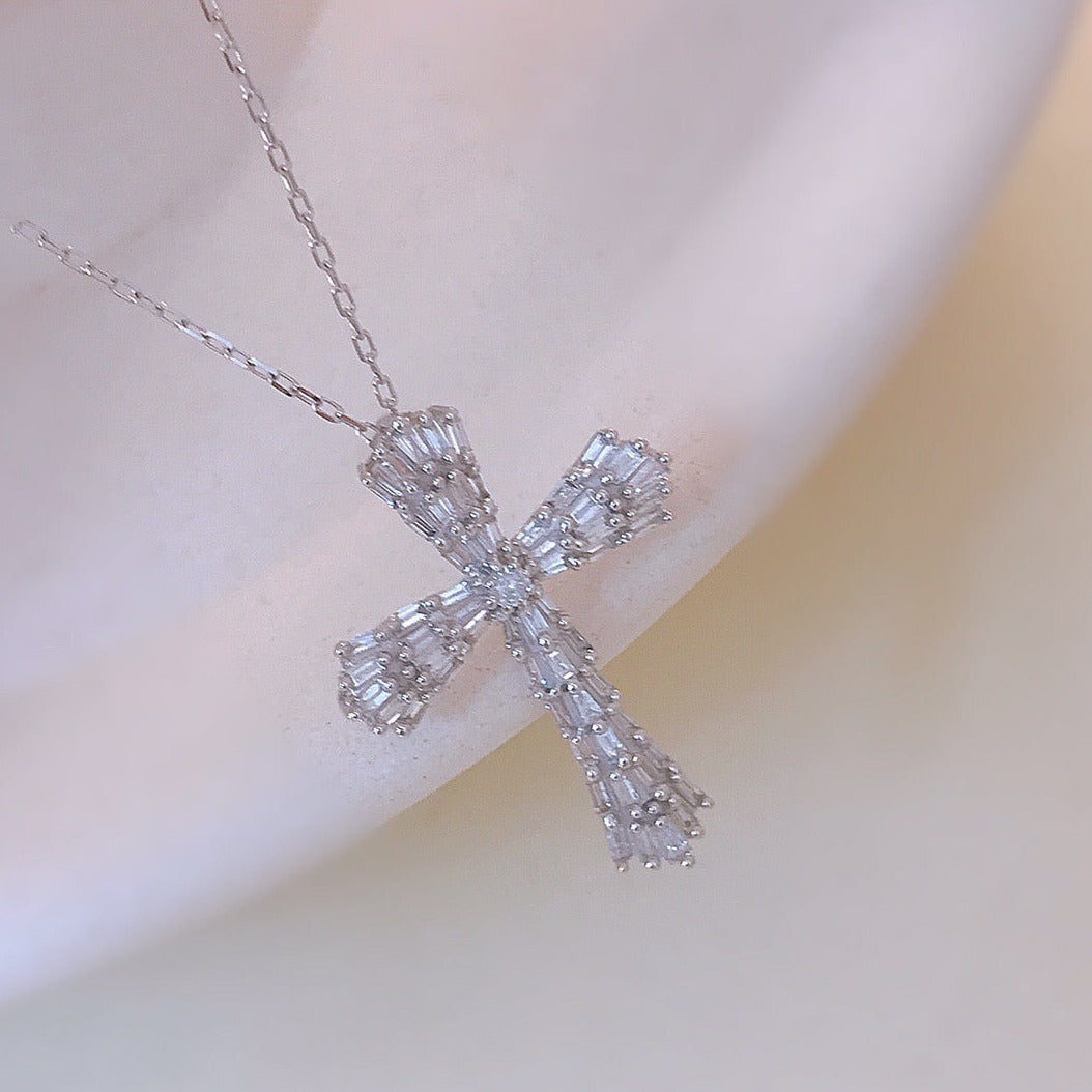 Art Deco 18K Solid Gold Full Diamond Cross Pendant, Cross Pendant Necklace