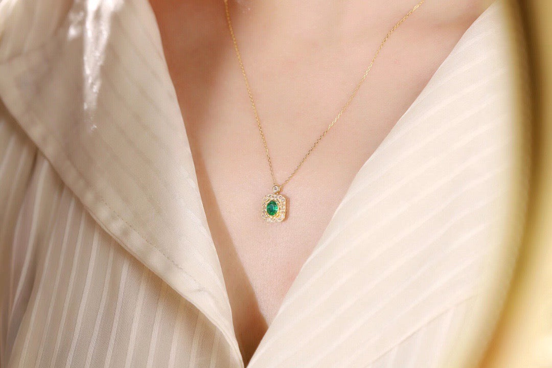 Vintage 18K Solid Gold Emerald Diamond Pendant Necklace, Emerald Pendant, gift for her