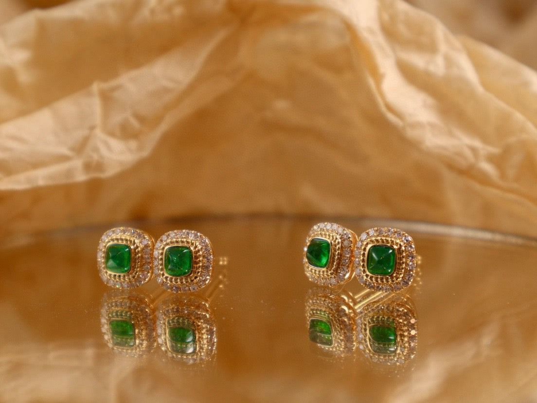 18K solid gold Stud Emerald Earrings, Classic Emerald Diamond Stud Earrings