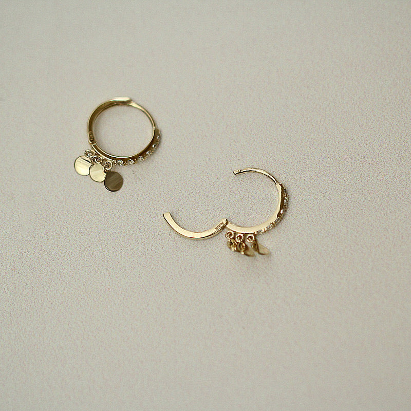 9K Solid Gold CZ Diamond Hoop Earrings, 9K Solid Gold dangle disc Hoop earrings