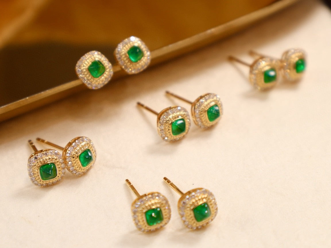 18K solid gold Stud Emerald Earrings, Classic Emerald Diamond Stud Earrings