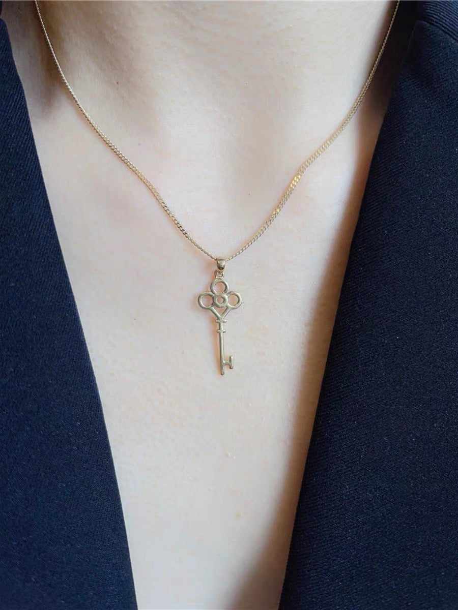 Vintage 14K Solid Gold Key Pendant, CZ Diamond key Pendant