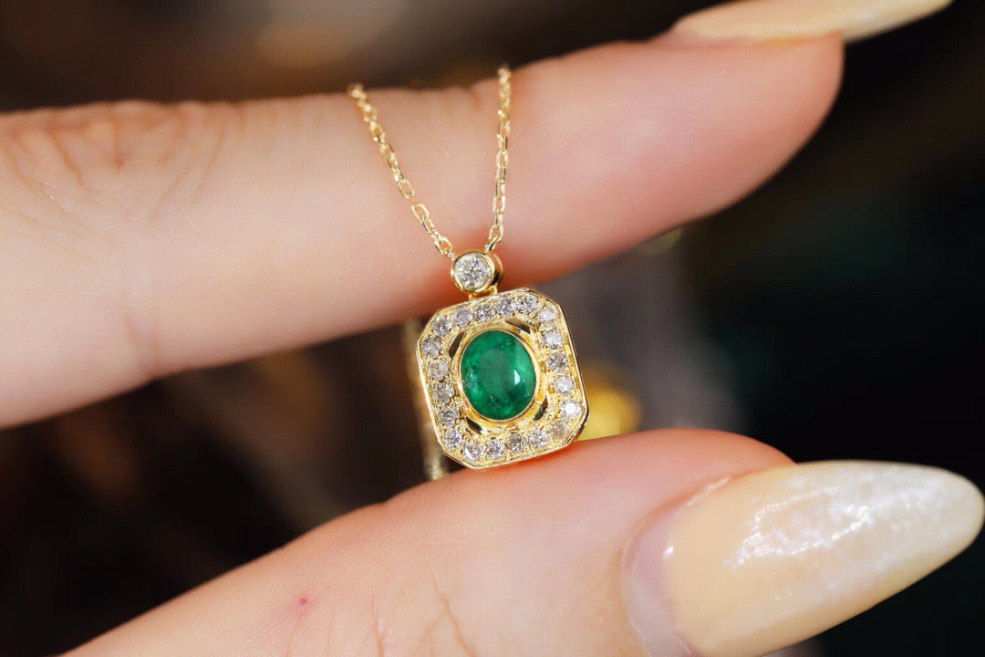 Vintage 18K Solid Gold Emerald Diamond Pendant Necklace, Emerald Pendant, gift for her