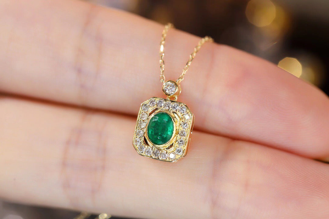 Vintage 18K Solid Gold Emerald Diamond Pendant Necklace, Emerald Pendant, gift for her