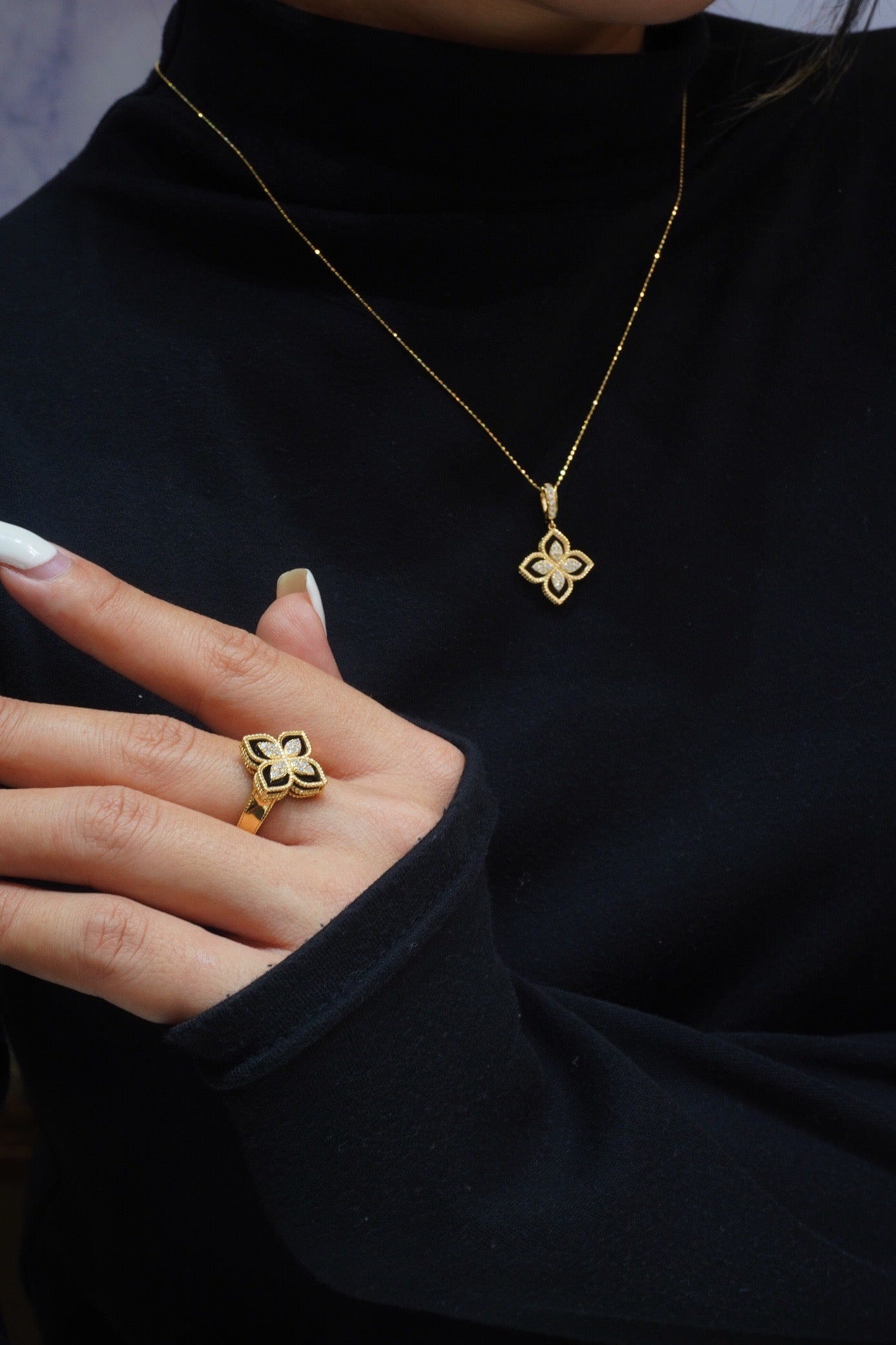 18K solid gold clover Diamond Onyx pendant, earrings , Bracelet, Ring , 18K gold Pendant Necklace