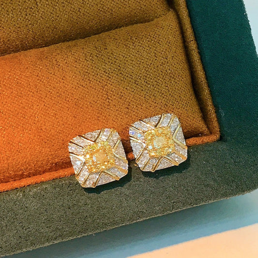 Vintage 18K Solid Gold Genuine Yellow Diamond Stud Earrings, Wedding Earrings, Gift for her