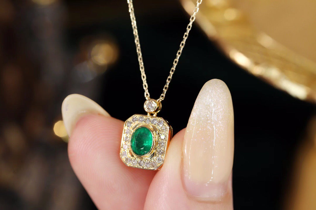 Vintage 18K Solid Gold Emerald Diamond Pendant Necklace, Emerald Pendant, gift for her