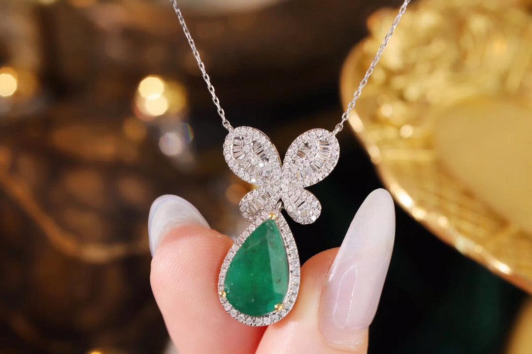 Art Deco 18K Solid Gold Emerald Diamond Butterfly Pendant Necklace, Emerald Necklace, gift for her