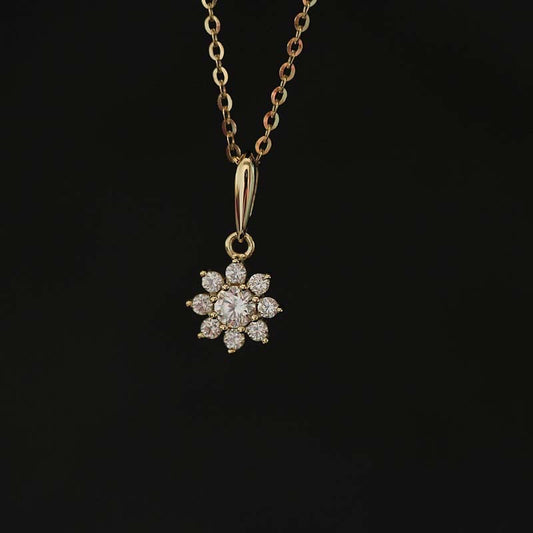 Dainty 9K Solid Gold CZ Diamond Flower Pendant, Solid Gold Diamond pendant