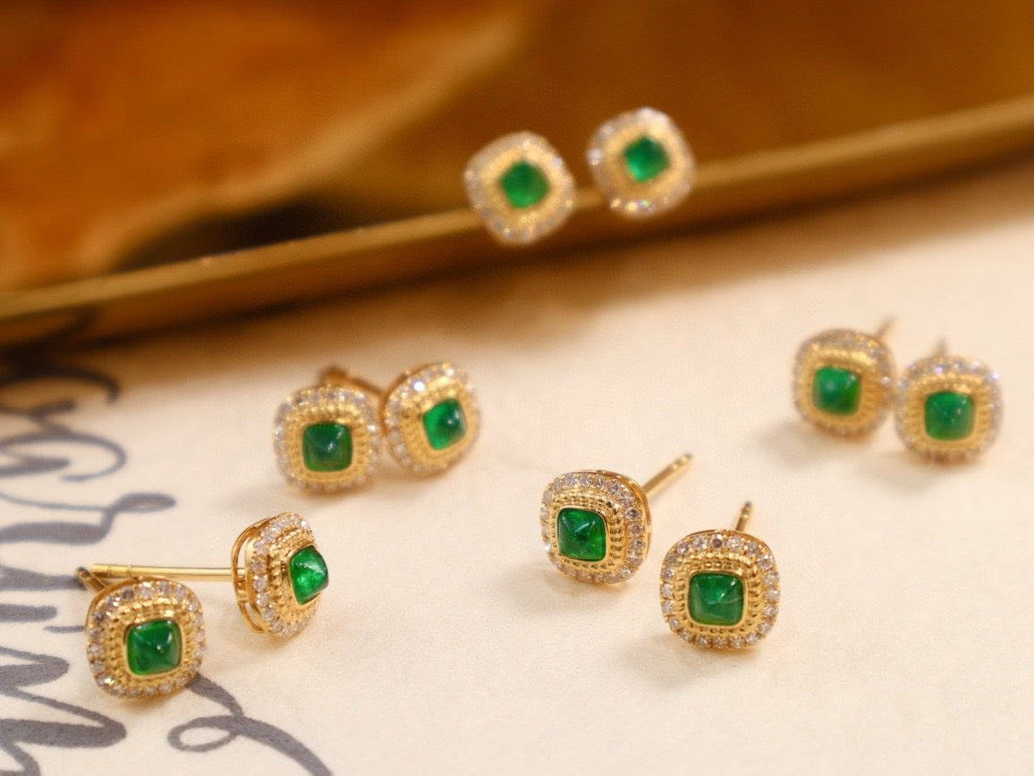 18K solid gold Stud Emerald Earrings, Classic Emerald Diamond Stud Earrings