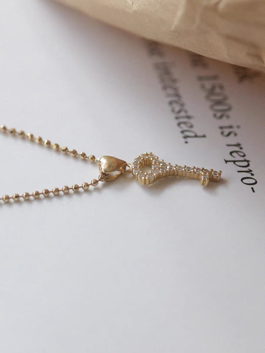 Vintage 14K Solid Gold CZ Diamond Key Pendant, Solid Gold pendant necklace