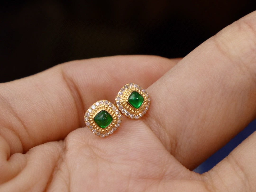 18K solid gold Stud Emerald Earrings, Classic Emerald Diamond Stud Earrings