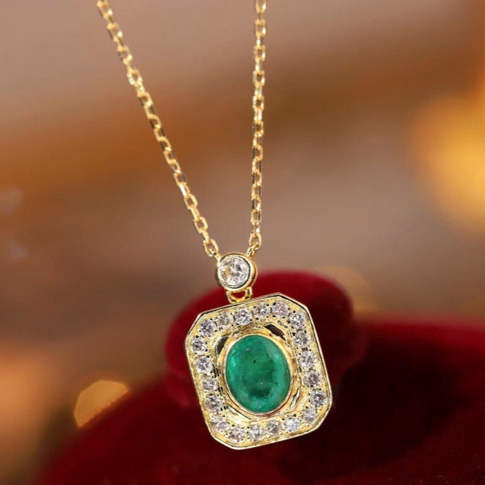 Vintage 18K Solid Gold Emerald Diamond Pendant Necklace, Emerald Pendant, gift for her