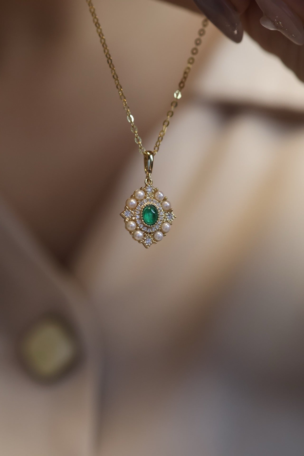 18K solid gold Emerald Pendant , Emerald Pendant necklace