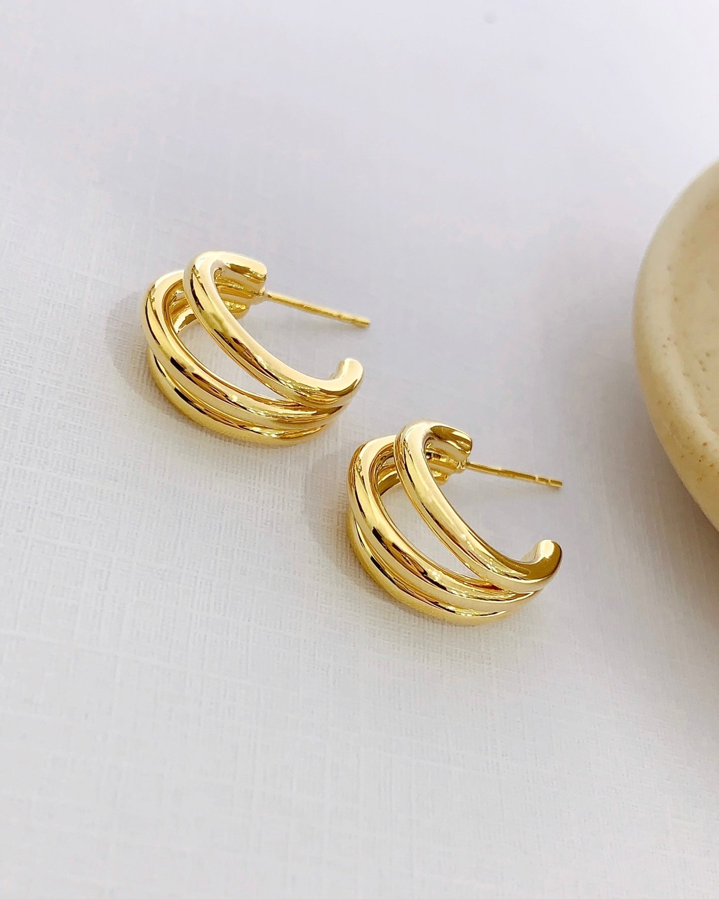 Triple Hoop Earrings/18K Solid Gold Triple Hollow Hoop Stud Earrings/gift for her/Real K gold earrings/birthday gift/Wedding Earrings