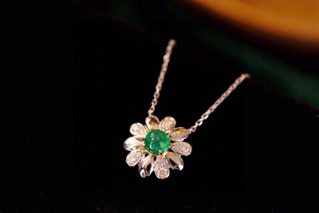 Sweet 18K Solid Gold Emerald Diamond Sunflower Charm Necklace, Emerald necklace , gift for her