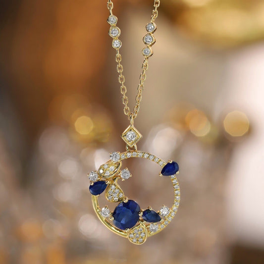 Art Deco 18K Solid Gold Sapphire Diamond Necklace