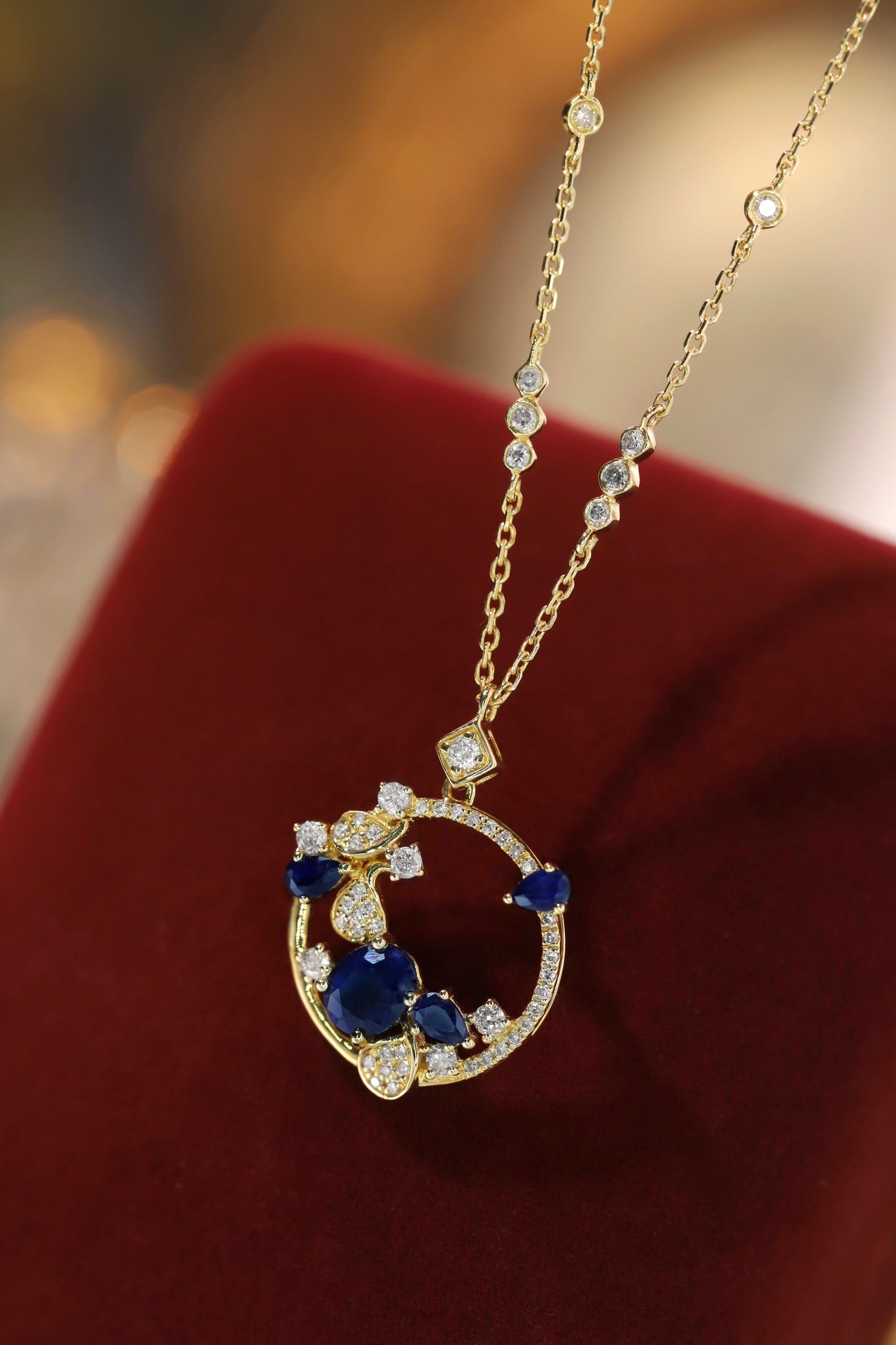 Art Deco 18K Solid Gold Sapphire Diamond Necklace