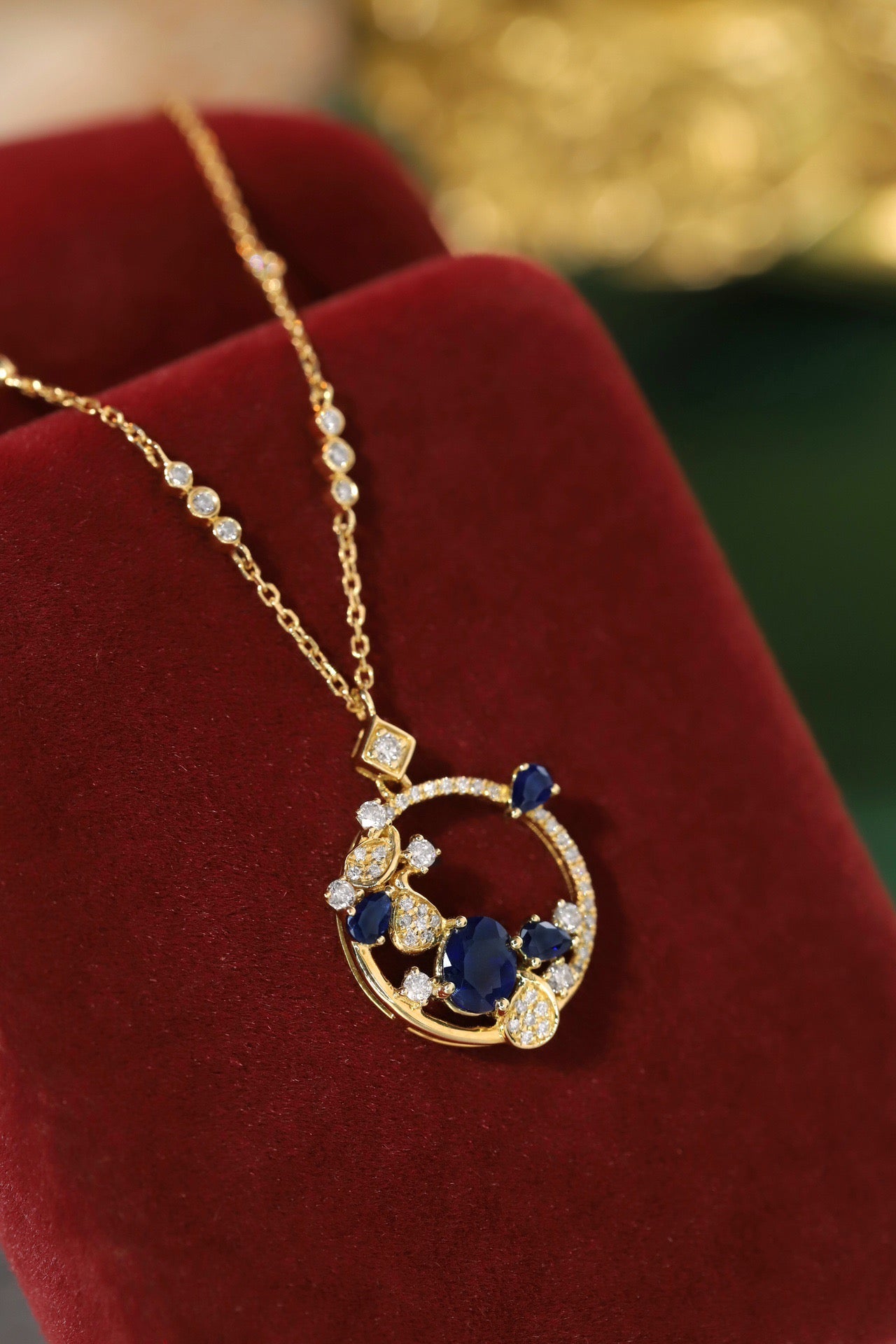 Art Deco 18K Solid Gold Sapphire Diamond Necklace