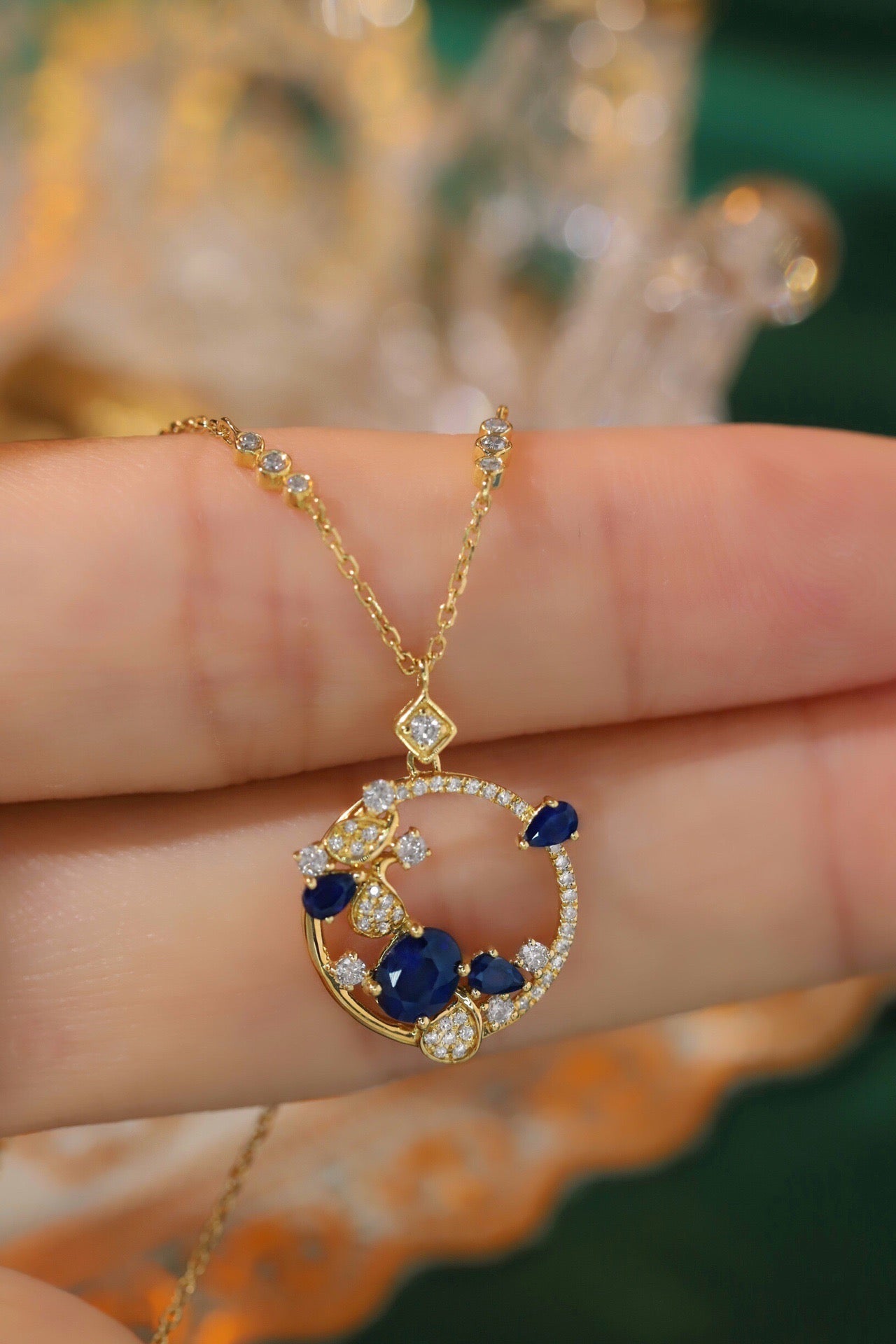 Art Deco 18K Solid Gold Sapphire Diamond Necklace