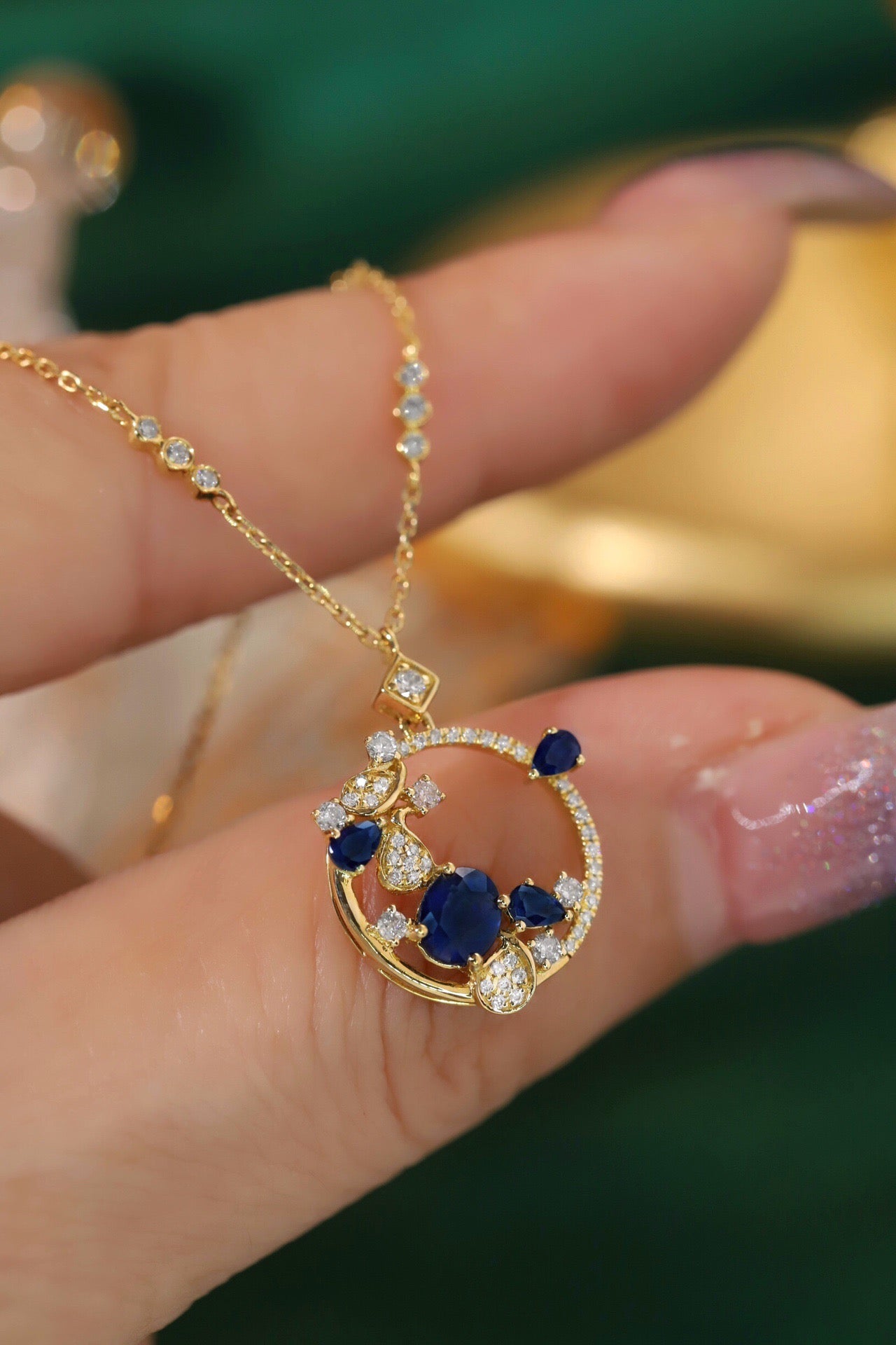 Art Deco 18K Solid Gold Sapphire Diamond Necklace