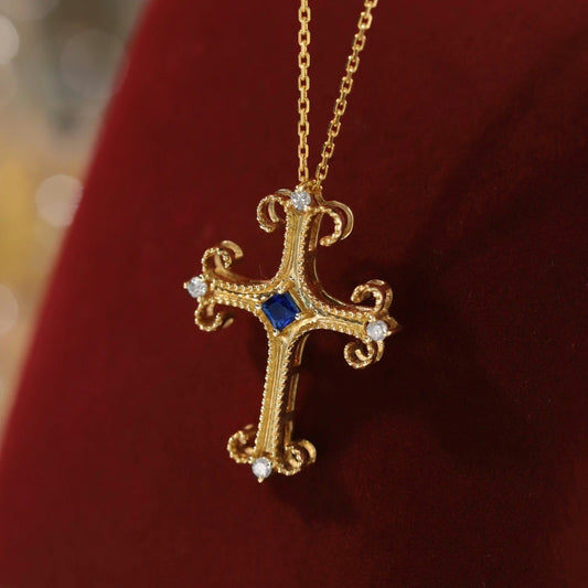 Vintage 18K Solid Gold Genuine Sapphire Cross Pendant Necklace