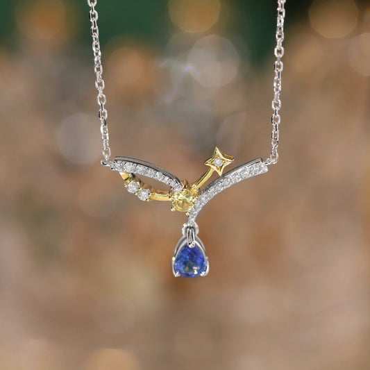 Art Deco 18K Solid Gold genuine Sapphire Diamond Necklace