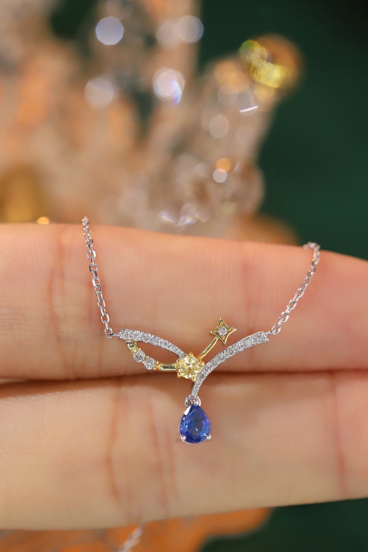 Art Deco 18K Solid Gold genuine Sapphire Diamond Necklace